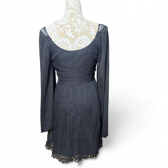 Vintage Black Mini Silk Dress Spencer Jeremy Deep V Boho Chic CottageCore - Picture 5 of 6